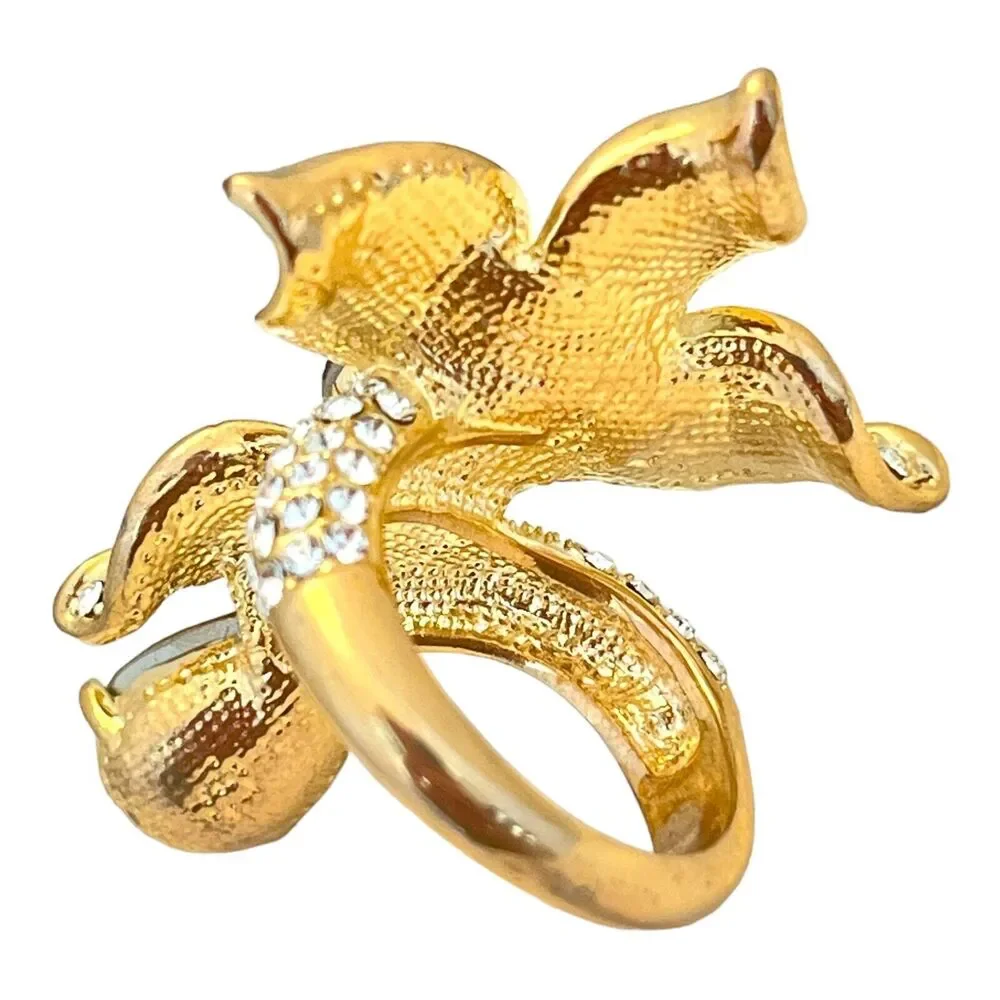New Crystal Floral Statement Ring Rivoli Orange Drop Gold Tone Size 7.75 - 5T